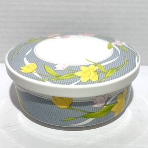 Vintage Porcelain Round Lidded Trinket Dish Pink & Yellow Floral Pattern